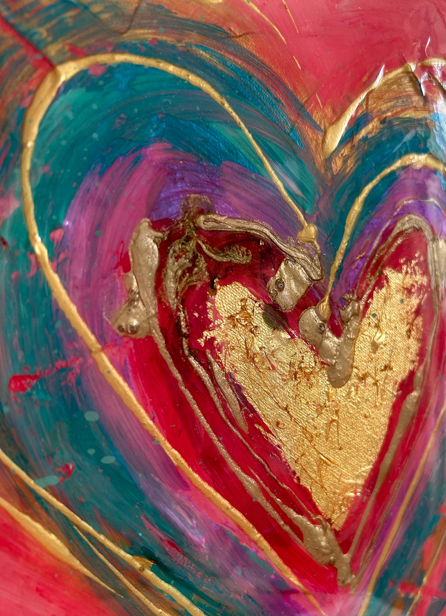 Tableau tondo(circulaire) cœur rose turquoise